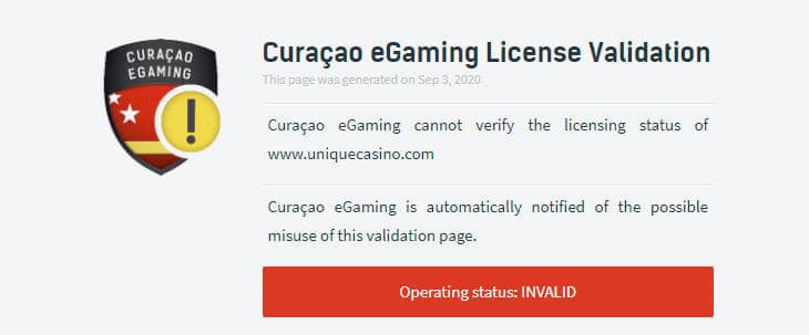 Unique Casino Curaçao eGaming License Validation
