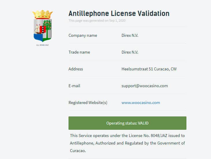 Antillephone License Validation Woo Casino